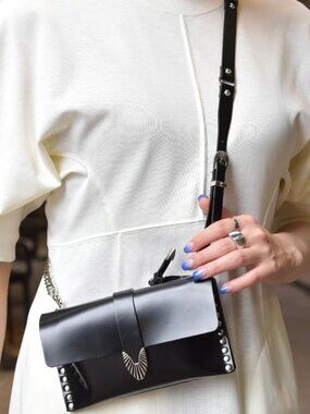 TOGA ARCHIVES Black Leather Silver Stud Embellished Chain Clutch Flap Wallet Bag